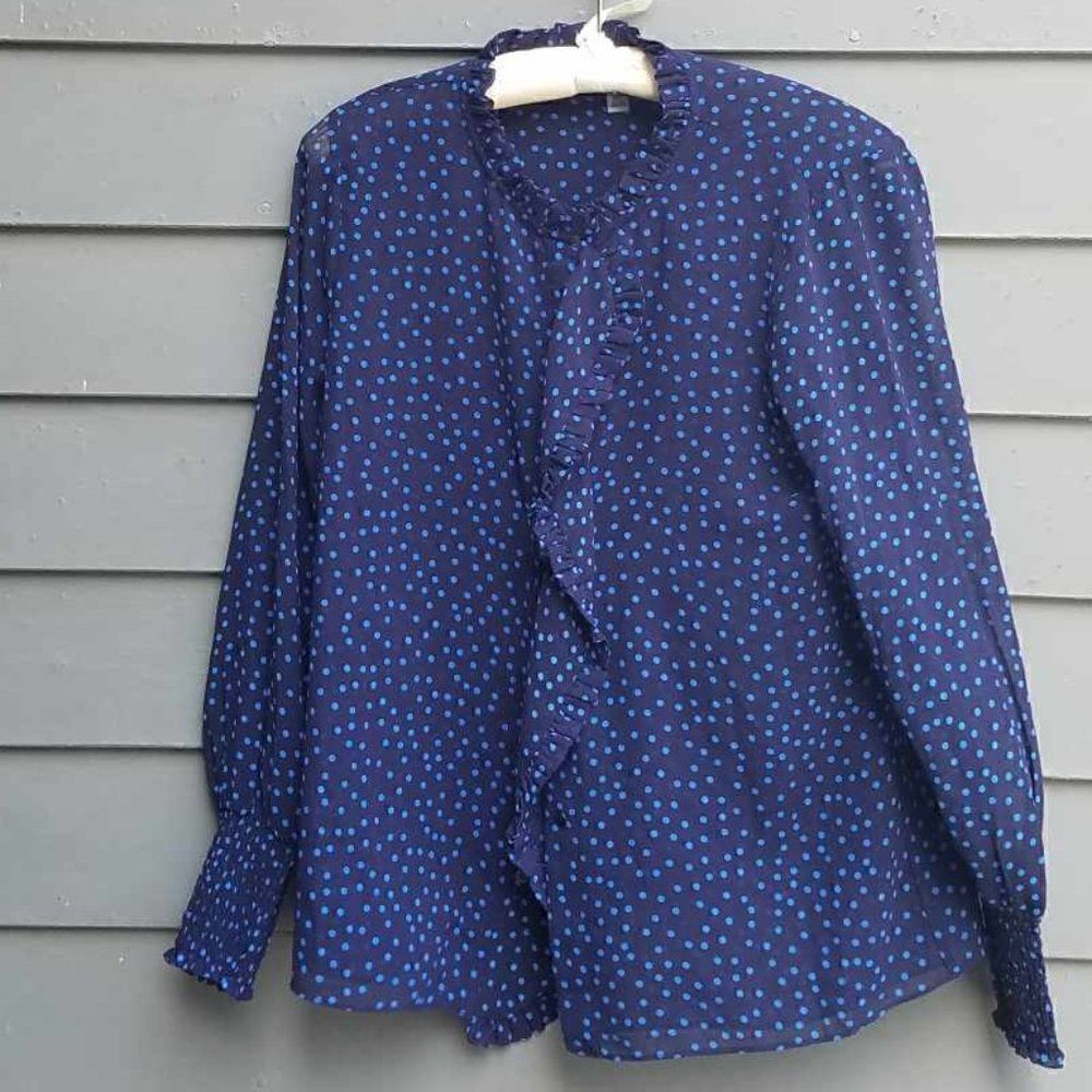 Tarahi Black Blue Dot Sheer Long Sleeve Ruffle Front Blouse size Medium